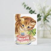 ヴィンテージレトロ猫の子ネコのお誕生日ケーキの挨拶 ポストカード (スタンド正面)