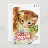 ヴィンテージレトロ猫の子ネコのお誕生日ケーキの挨拶 ポストカード (正面/裏面)