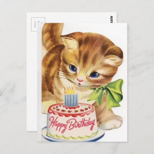 ヴィンテージレトロ猫の子ネコのお誕生日ケーキの挨拶 ポストカード (正面/裏面)