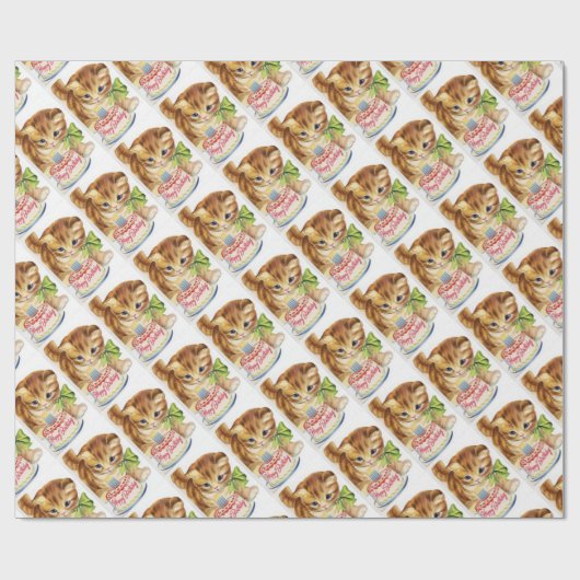 ヴィンテージレトロ猫の子ネコのお誕生日ケーキの挨拶 ラッピングペーパー (フラット)