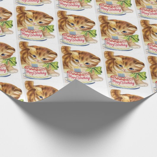 ヴィンテージレトロ猫の子ネコのお誕生日ケーキの挨拶 ラッピングペーパー (角)