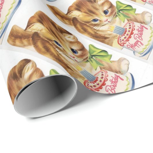 ヴィンテージレトロ猫の子ネコのお誕生日ケーキの挨拶 ラッピングペーパー (ロールコーナー)