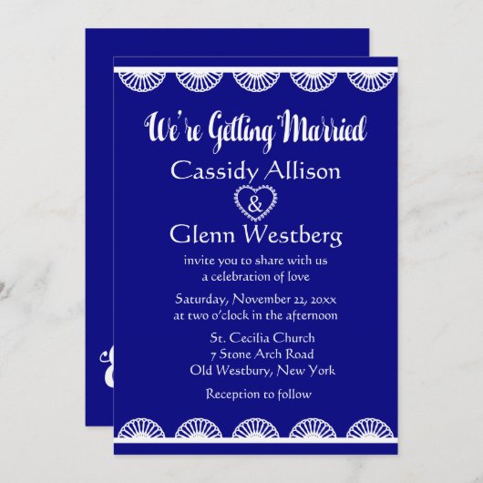 ヴィンテージレトロ王室のレースブルー&ホワイト結婚ズ 招待状 (正面/裏面)