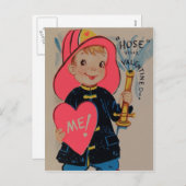 ヴィンテージレトロ男の子ファイアマンバレンタインカード シーズンポストカード (正面/裏面)