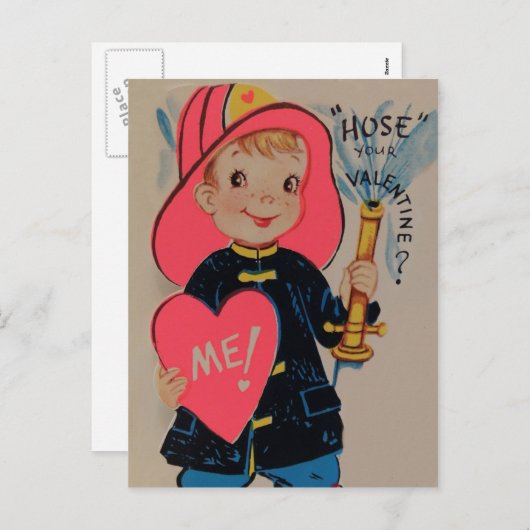 ヴィンテージレトロ男の子ファイアマンバレンタインカード シーズンポストカード (正面/裏面)