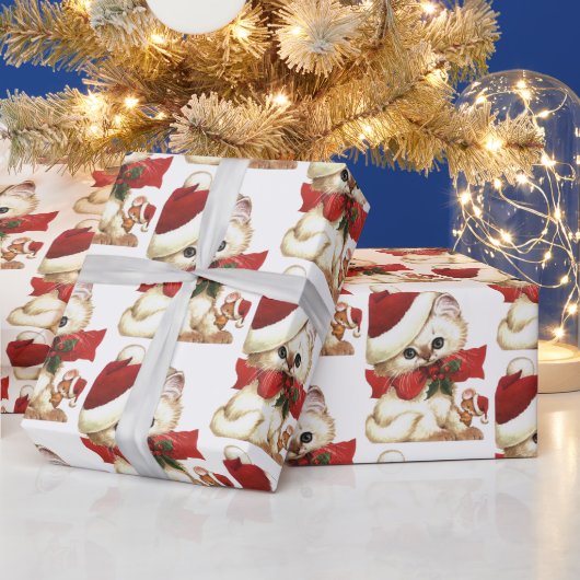 ヴィンテージレトロ白猫およびマウスラッピング紙 ラッピングペーパー (クリスマス)