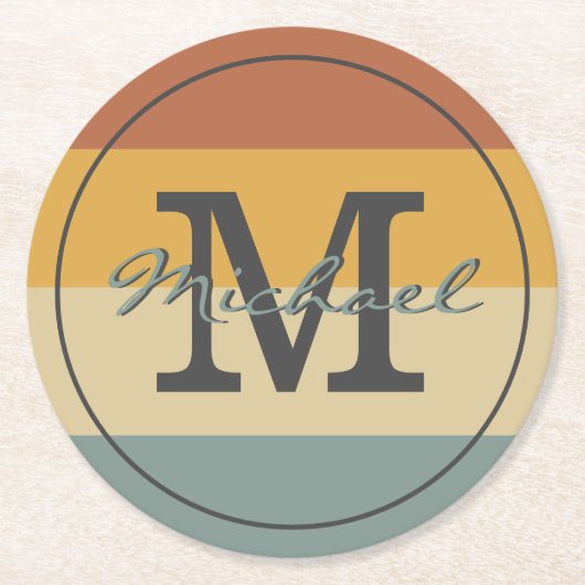 ヴィンテージレトロ素朴な名前のイニシャル パーソナライズされた ラウンドペーパーコースター (正面)