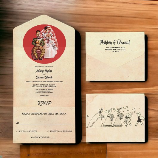 ヴィンテージレトロ素朴オールドスタイリッシュカップル結婚ズ オールインワン招待状