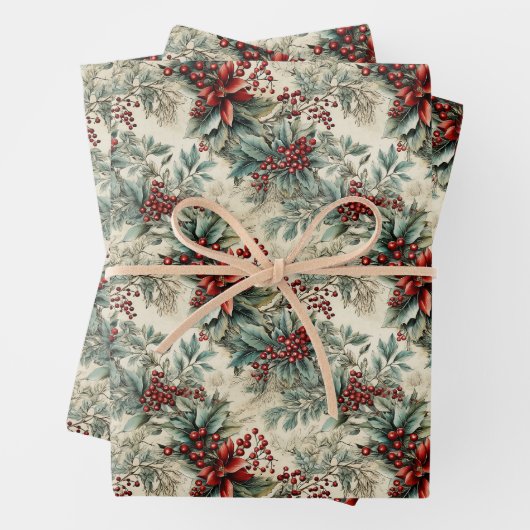 ヴィンテージレトロ素朴クラシッククリスマスポインセチア ラッピングペーパーシート (インサイチュ)