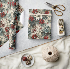 ヴィンテージレトロ素朴クラシッククリスマスポインセチア ラッピングペーパー