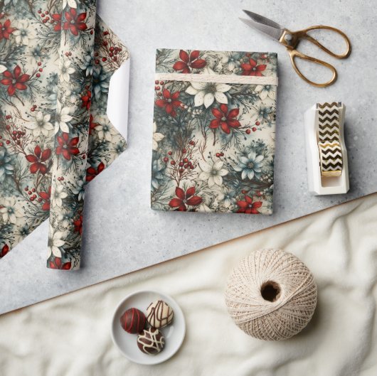 ヴィンテージレトロ素朴クラシッククリスマスポインセチア ラッピングペーパー (クラフト)