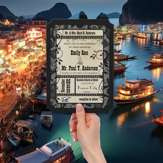 ヴィンテージレトロ素朴ブロードウェイ映画結婚チケット 招待状