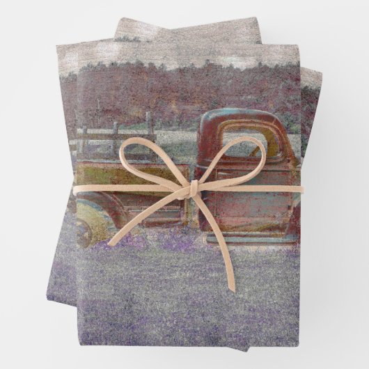 ヴィンテージレトロ素朴レッドパープルアートファームトラック ラッピングペーパーシート (インサイチュ)