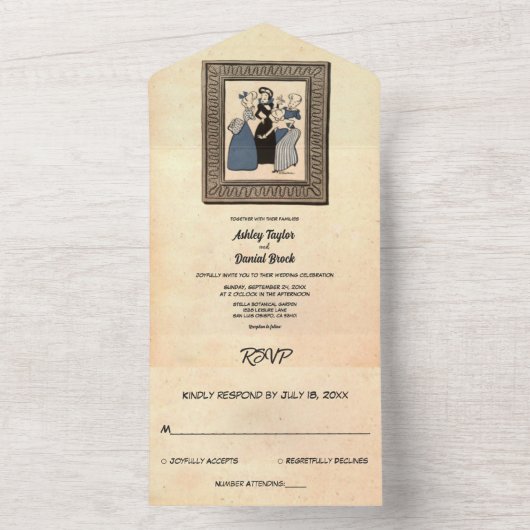 ヴィンテージレトロ素朴旧おもしろい漫画本結婚の オールインワン招待状 (内側)