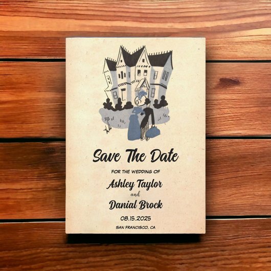 ヴィンテージレトロ素朴漫画ウェディング日付の保存 招待状