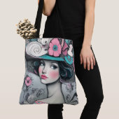 ヴィンテージレトロ美女ピンクとティール(緑がかった色) トートバッグ (クローズアップ)