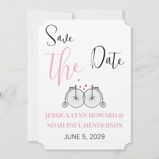 ヴィンテージレトロ自転車ラブピンクレッド日付保存 招待状 (正面)