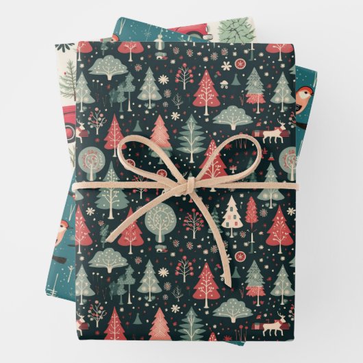 ヴィンテージレトロ車の冬の鳥クリスマスツリーギフト ラッピングペーパーシート (インサイチュ)