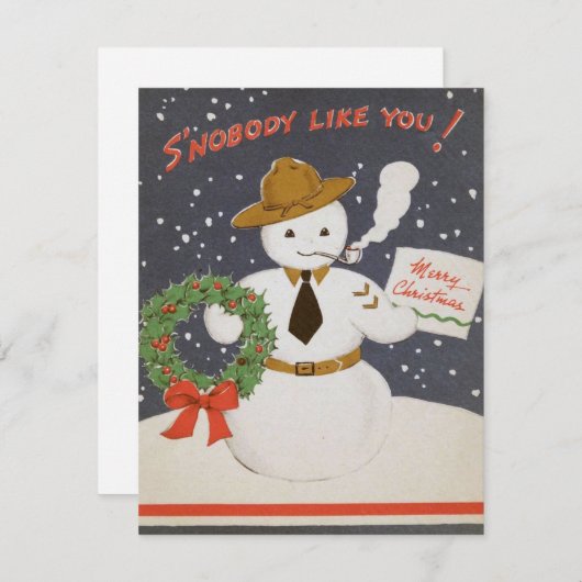 ヴィンテージレトロ軍隊クリスマス雪だるま シーズンカード (正面/裏面)