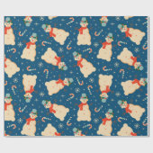 ヴィンテージレトロ雪だるまとキャンディーケーンブルー ラッピングペーパー (フラット)