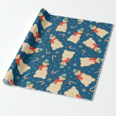 ヴィンテージレトロ雪だるまとキャンディーケーンブルー ラッピングペーパー (アンロールド)