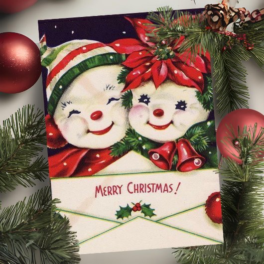 ヴィンテージレトロ雪だるまカップルカスタムクリスマス シーズンカード
