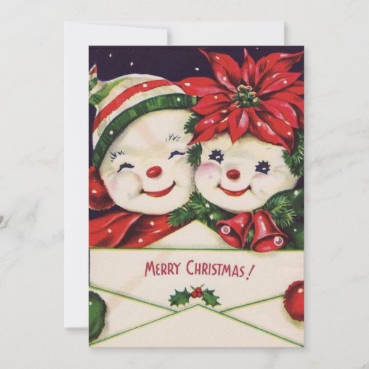 ヴィンテージレトロ雪だるまカップルカスタムクリスマス シーズンカード (正面)