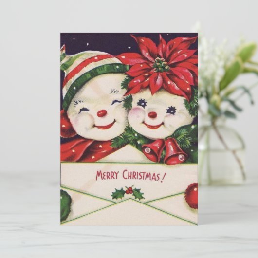 ヴィンテージレトロ雪だるまカップルカスタムクリスマス シーズンカード (スタンド正面)