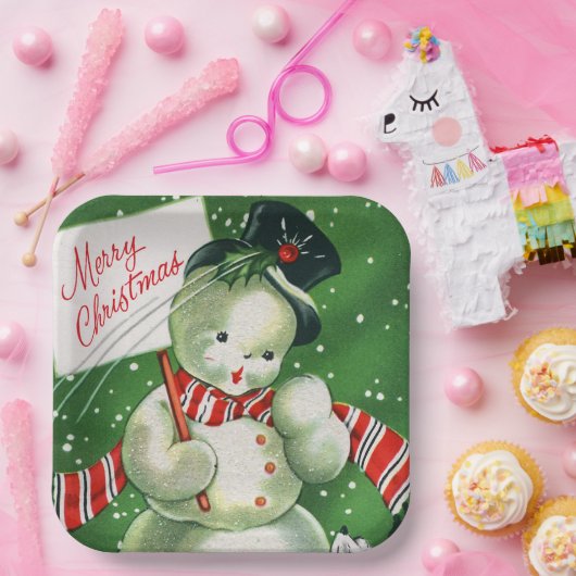 ヴィンテージレトロ雪だるまクリスマスパーティープレート ペーパープレート (パーティー)