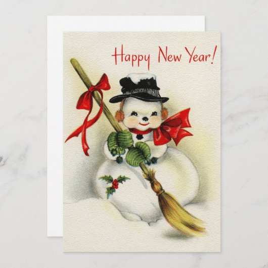 ヴィンテージレトロ雪だるまハッピーニューイヤー シーズンカード (正面/裏面)