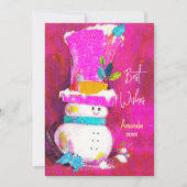 ヴィンテージレトロ雪だるまピンクのクリスマス新年 シーズンカード (正面)