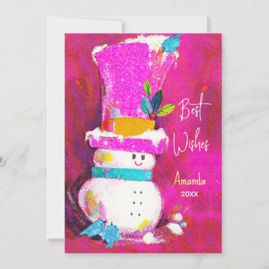 ヴィンテージレトロ雪だるまピンクのクリスマス新年 シーズンカード (正面)