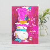 ヴィンテージレトロ雪だるまピンクのクリスマス新年 シーズンカード (スタンド正面)