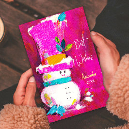 ヴィンテージレトロ雪だるまピンクのクリスマス新年 シーズンカード