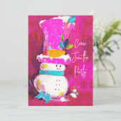 ヴィンテージレトロ雪だるまピンクのクリスマス新年 招待状 (スタンド正面)