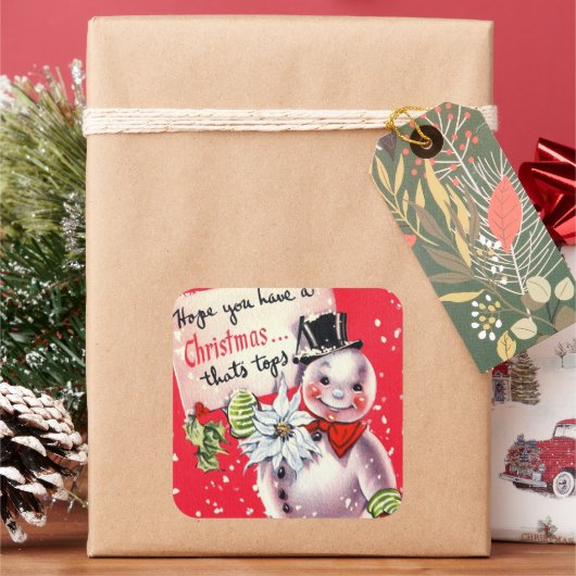 ヴィンテージレトロ雪だるまホリデーステッカー スクエアシール (クリスマス)