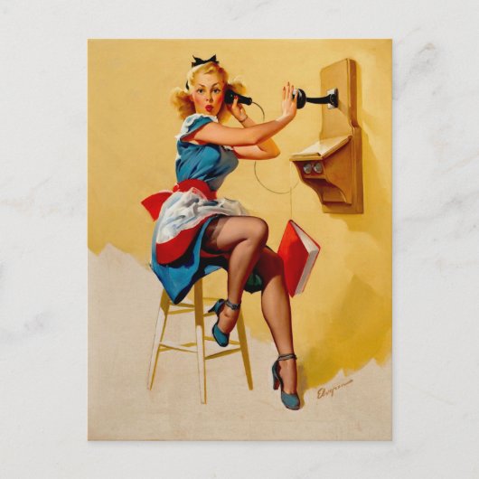 ヴィンテージレトロ電話ピンアップガール ポストカード (正面)