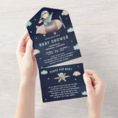 ヴィンテージレトロ飛行機かわいいパイロットネイビー赤ちゃんシャワー オールインワン招待状 (貼ってはがせる)