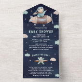 ヴィンテージレトロ飛行機かわいいパイロットネイビー赤ちゃんシャワー オールインワン招待状 (内側)