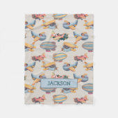 ヴィンテージレトロ飛行機航空模様男の赤ちゃん フリースブランケット (正面)