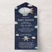 ヴィンテージレトロ飛行船かわいいブリンプネイビーベイビーシャワー オールインワン招待状 (内側)