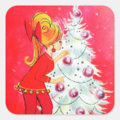 ヴィンテージレトロ飾ツリーのレディーステッカー スクエアシール (正面)