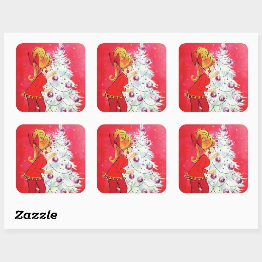 ヴィンテージレトロ飾ツリーのレディーステッカー スクエアシール (シート)