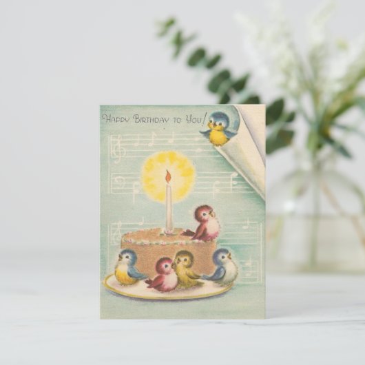 ヴィンテージレトロ鳥オンお誕生日ケーキカード カード (スタンド正面)