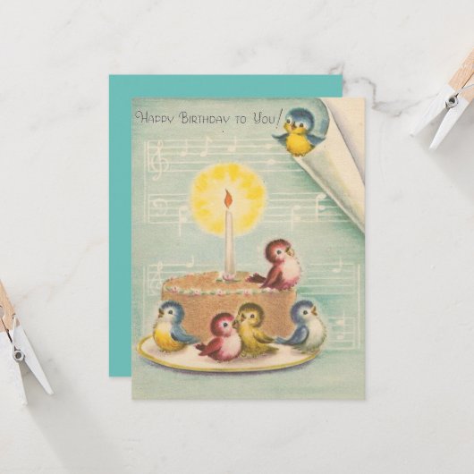 ヴィンテージレトロ鳥オンお誕生日ケーキカード カード (正面/裏面インサイチュ)