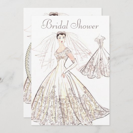 ヴィンテージレトロ1950の花嫁とガウンブライダルシャワー 招待状 (正面/裏面)