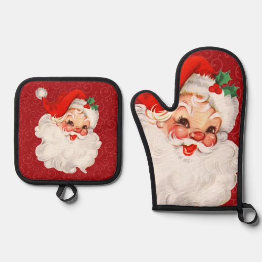 ヴィンテージレトロ1950年代サンタクロース赤 鍋つかみ&鍋敷きセット (正面)