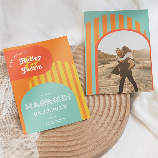 ヴィンテージレトロ70年代テラコッタアーチ結婚写真 セーブザデート