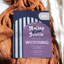 ヴィンテージレトロ70sネイビー銀アーチ写真結婚の写真 招待状