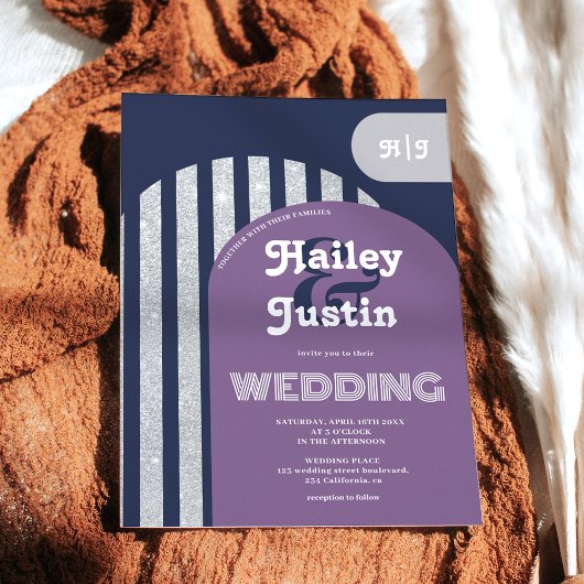 ヴィンテージレトロ70sネイビー銀アーチ写真結婚の写真 招待状